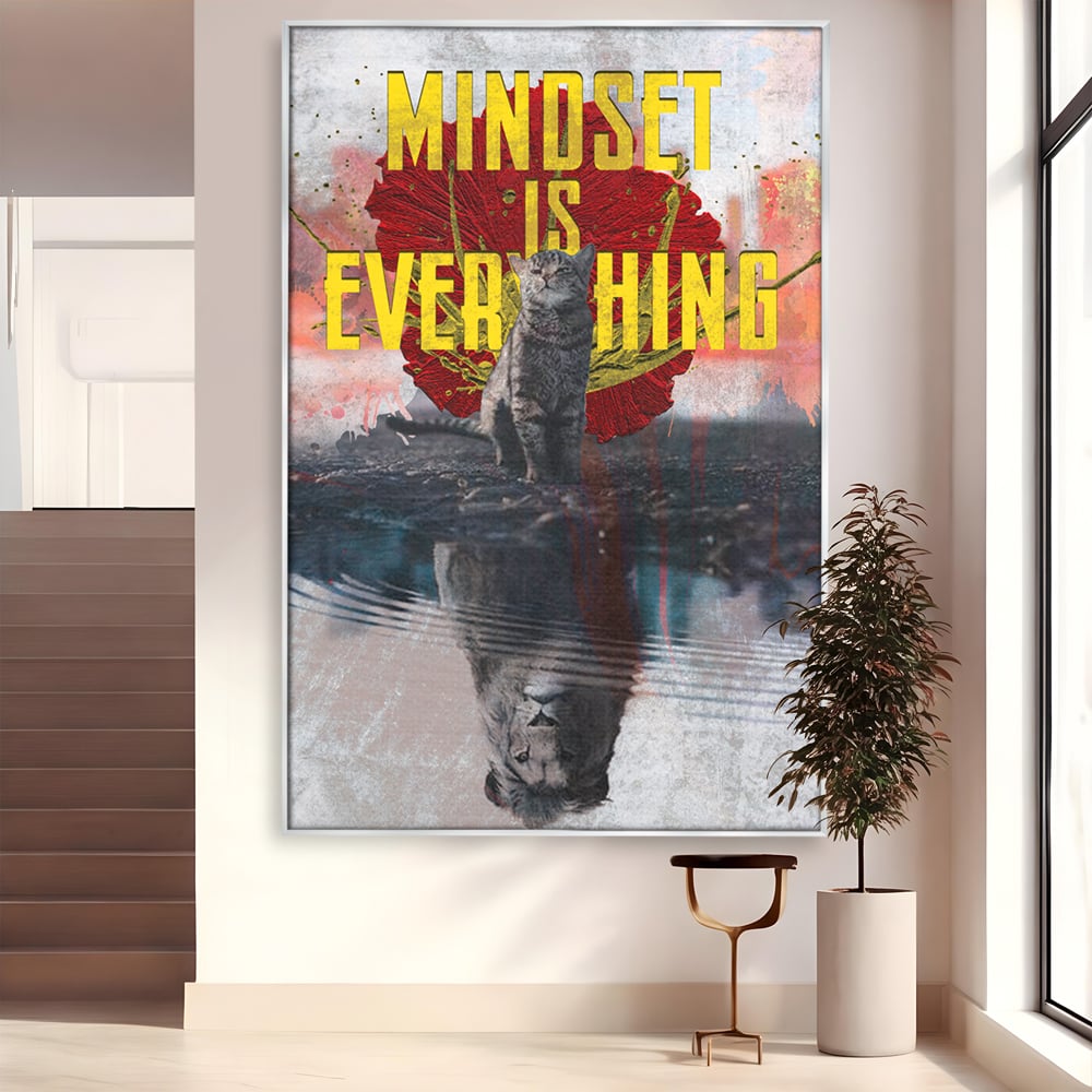 Tablou canvas cu tablou canvas motivatie cu pisica si leu, in rama de aluminiu argintiu